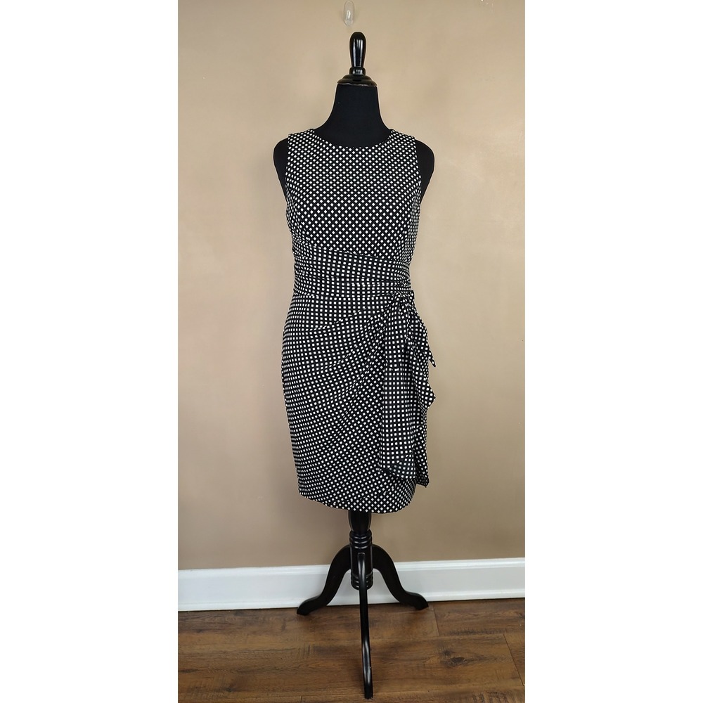 Lauren Ralph Lauren Black White Geometric Ruched Sheath Dress Womens 12 Preppy